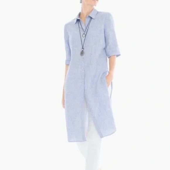 Chico’s Sz 1 Heather Blue Linen Long Line Button Front Side Slit Tunic Shirt - Picture 1 of 16